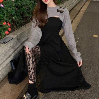 Spaghetti-strap Lace Panel Midi A-line Dress / Asymmetrical Shrug
