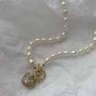 Heart Rhinestone Pendant Freshwater Pearl Necklace Gold & White - One Size