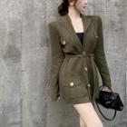 Deep V-neck Lapel Dress Jacket With Sash Green - One Size