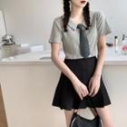 Collared Short-sleeve T-shirt / Plaid Tie / Mini Pleated Skirt / Set