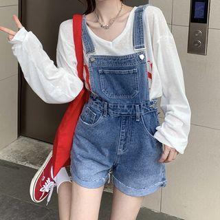 Long-sleeve Printed Top / Denim Jumper Shorts