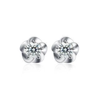 925 Sterling Silver Simple Flower Cubic Zirconia Stud Earrings Silver - One Size