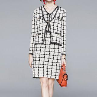 Set: Plaid Mini A-line Dress + Jacket As Shown In Figure - One Size