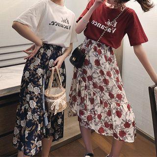 Set: Short-sleeve Lettering T-shirt + Flower Print A-line Midi Skirt