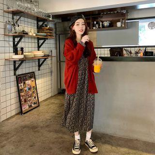 Printed Long Sleeve Dress / Buttoned Knit Cardigan