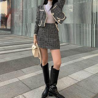 Set: Fray-edge Cropped Tweed Jacket + Mini Skirt