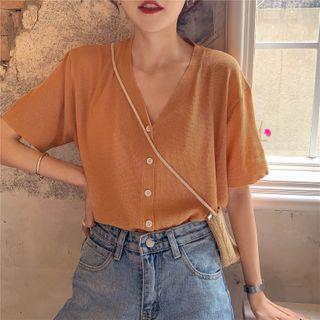 V-neck Buttoned Short-sleeve Knit Top
