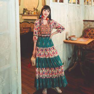Color Block Print Panel Maxi A-line Dress
