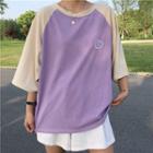 Smiley Face Print Color Panel Elbow Sleeve T-shirt