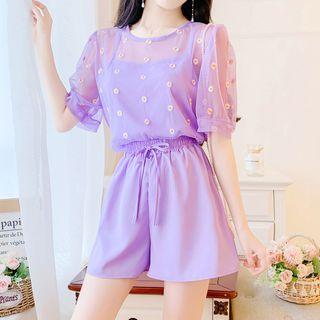 Set: Elbow-sleeve Mesh Blouse + Wide-leg Shorts + Camisole Top