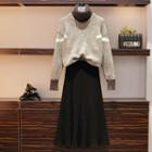 Color Block Turtleneck Sweater / Midi A-line Knit Skirt / Set