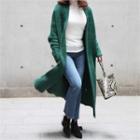 Open-front Furry Long Cardigan Green - One Size