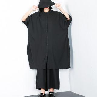 Set: 3/4-sleeve Long Shirt + Cropped Wide-leg Pants Set - Black - One Size