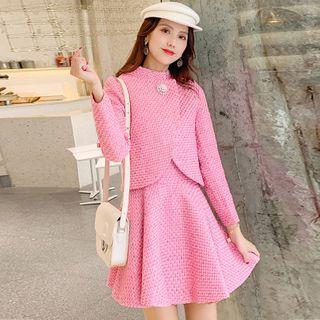 Set: Long-sleeve Embellished Tweed Top + A-line Mini Skirt