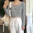 Long-sleeve Striped Cropped Cardigan As Shown In Figure - One Size