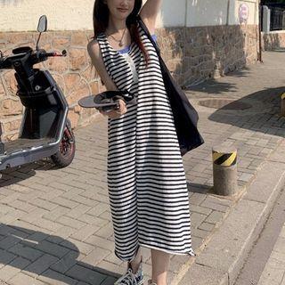 Sleeveless Striped Knit Midi Dress Black Stripes - White - One Size