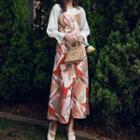 Set: Tie-neck Blouse + Print Buttoned A-line Midi Dress