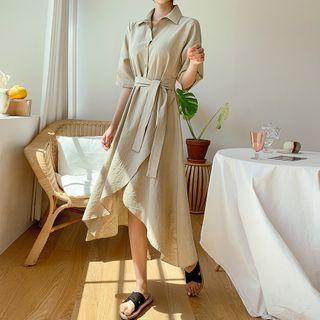 Half-placket Asymmetric-hem Dress With Sash Beige - One Size
