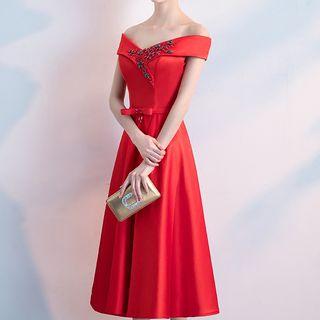 Embellished Off-shoulder Midi Cocktail Dress
