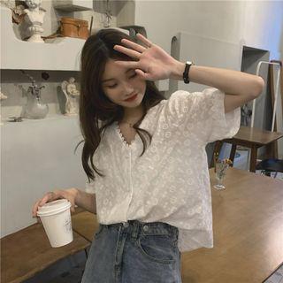 V-neck Plain Lace Cropped Blouse Beige - One Size