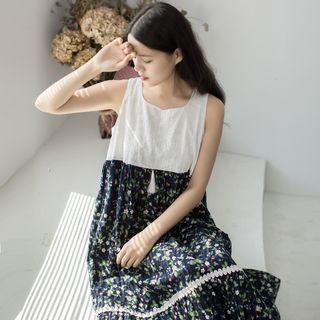 Embroidered Panel Floral Print Sleeveless A-line Midi Dress