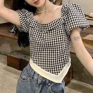 Short-sleeve Asymmetrical Plaid Blouse Black & White - One Size