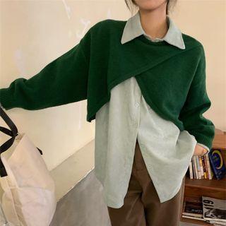 Plain Asymmetric Knit Cape / Long-sleeve Corduroy Shirt