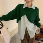 Plain Asymmetric Knit Cape / Long-sleeve Corduroy Shirt