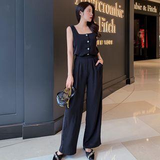 Set: Buttoned Sleeveless Top + Plain Wide Leg Pants