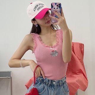 Lace-trim Embroidered Knit Tank Top