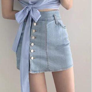 High-waist Plain Single Breasted Slim Fit Denim Skirt