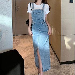Front-slit Denim Midi Overall Dress