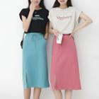 Short-sleeve Lettering T-shirt / Slit Midi A-line Skirt