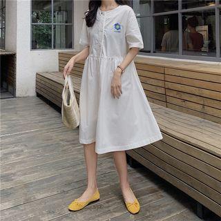 Flower-embroidered Tie-waist Shirtdress
