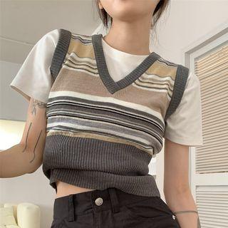 Striped Sweater Vest Gray & Khaki & White - One Size