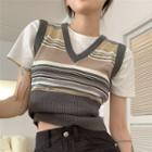 Striped Sweater Vest Gray & Khaki & White - One Size