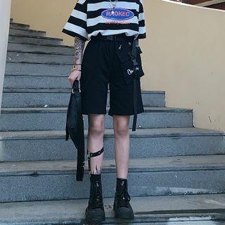 Embroidered Letter Wide-leg Cargo Shorts Black - One Size