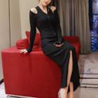 Cold-shoulder Halter Slit Knit Midi Sheath Dress Black - One Size