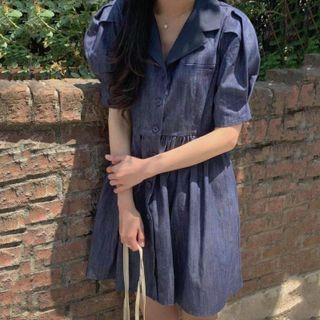 Puff Sleeve Denim Shirt Dress Dark Blue - One Size