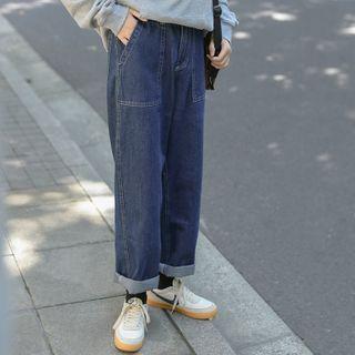 Printed Letter Hooded Sweatshirt / High Waist Wide Leg Jeans