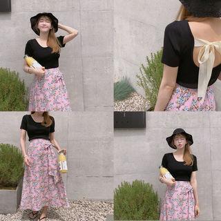 Round-neck Tie-back Knit Top Black - One Size