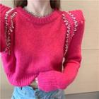 Shoulder-padded Rhinestone Embellished Cropped Sweater