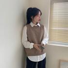 Long-sleeved T-shirt + Round Neck Knit Vest