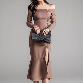 Off-shoulder Slit Midi Sheath Dress