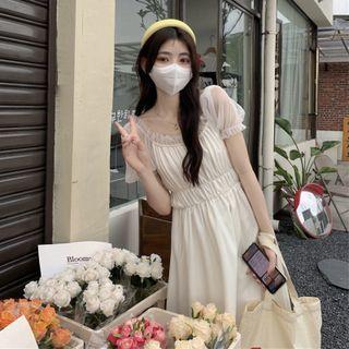 Puff-sleeve Mesh Panel Midi A-line Dress Almond - One Size