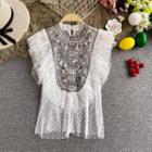 Embroidered Ruffled Dotted Mesh Tank Top White - One Size