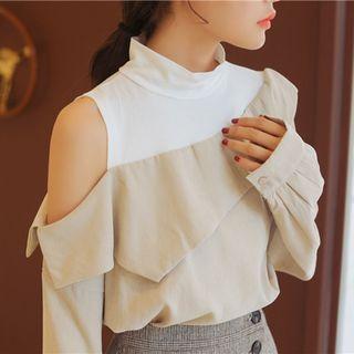 Long-sleeve Color Block Cutout Top