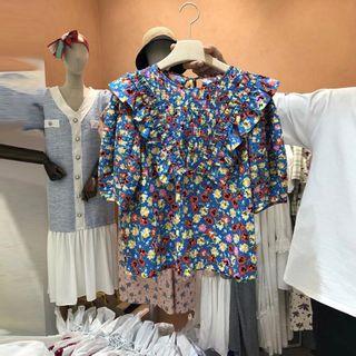 Ruffled Floral Print Short-sleeve Blouse