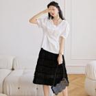 Puff-sleeve Lace Trim Ruffled Blouse / Crinkle Midi A-line Skirt