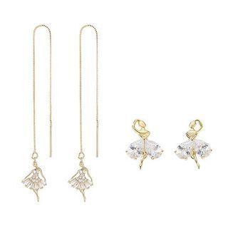 Set: Rhinestone Ballerina Ear Stud + Threader Earring Set - Gold - One Size